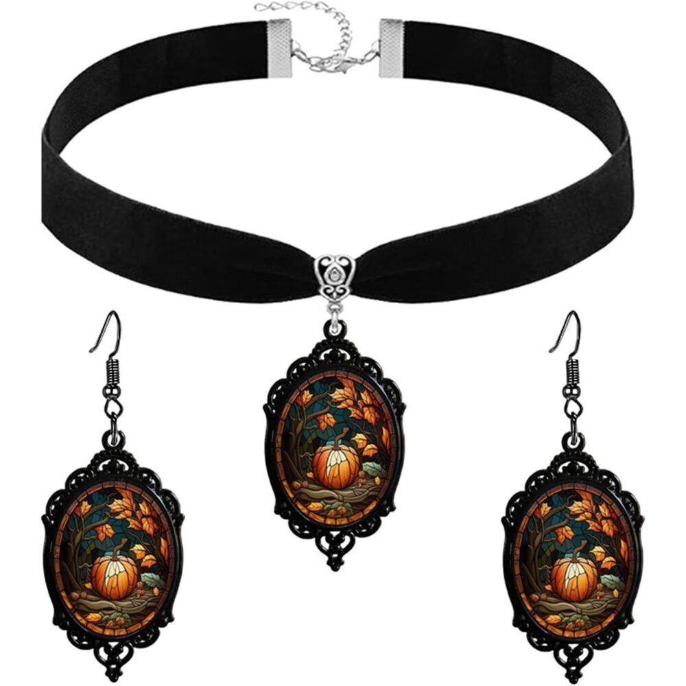 Gothic Glass Pumpkin Pendant Necklace Earrings Set for Women Men Punk Vintage Da
